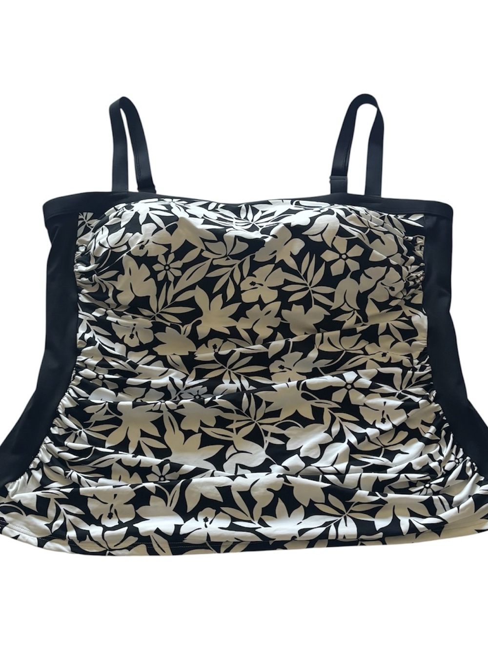 Lands' End Tankini Swimsuit Top Black Havana Floral Structure Ruching 18W